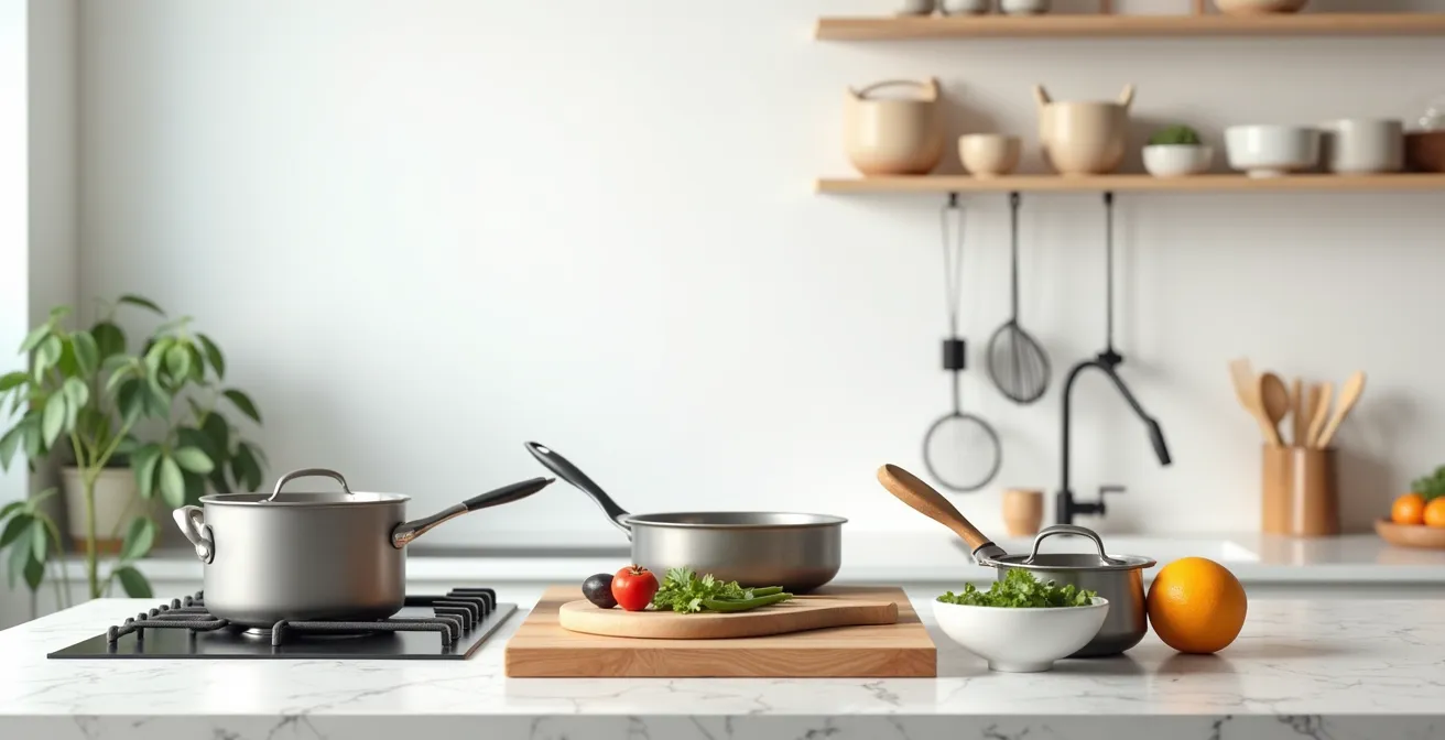 Organisation ergonomique d'un poste de travail pour la préparation de crêpes avec zones distinctes