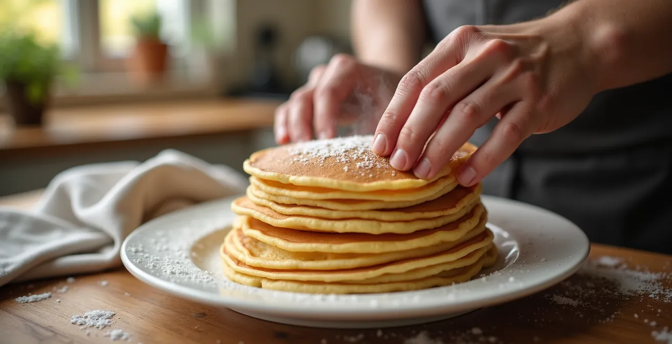 Stack de crêpes dorées maintenues au chaud sous un torchon sur une assiette avec vapeur délicate