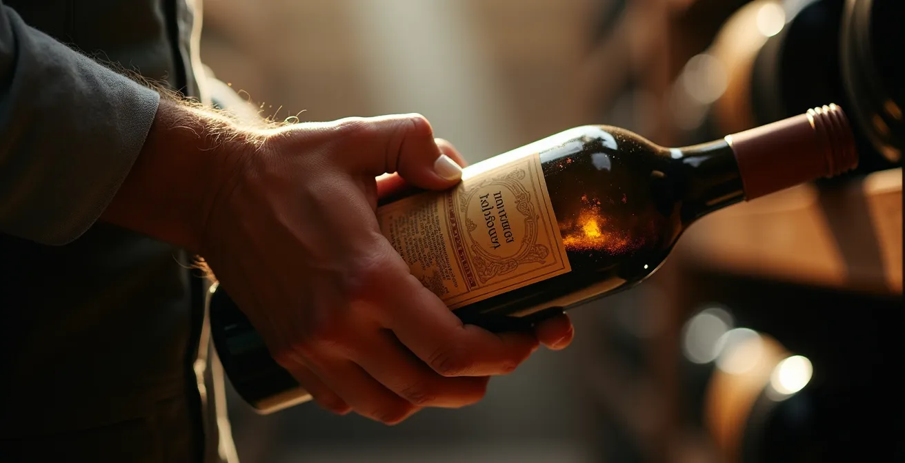 Gros plan sur les mains d'un expert examinant une bouteille millésimée