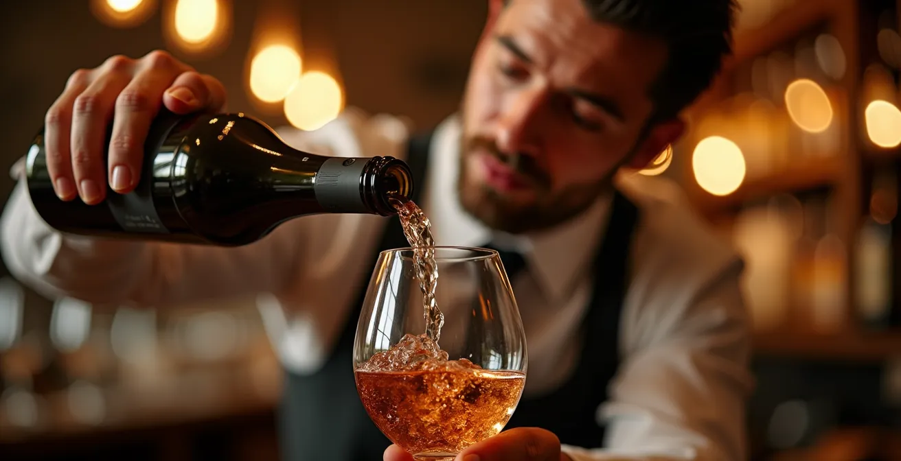 Sommelier en pleine cérémonie de décantation avec jeu de lumière dorée