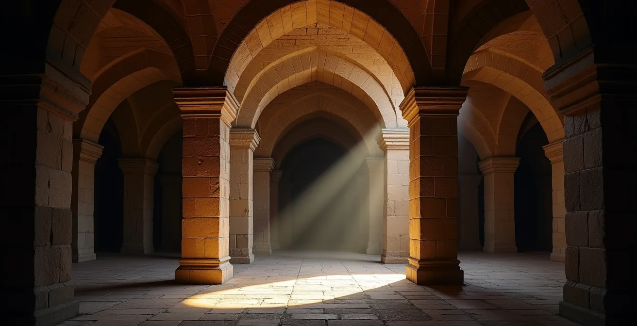 Architecture souterraine avec voûtes en pierre et jeux d'ombres mystérieux